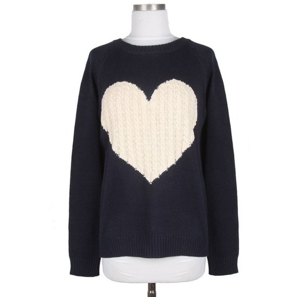 NEW Navy Oatmeal Cable Heart Cotton Blend Sweater - Picture 7 of 12